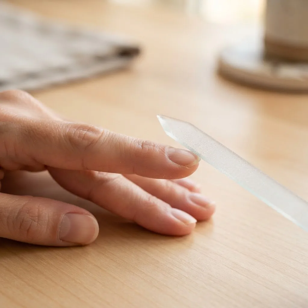 Close-up in-progress shot of a glass nail file held at a 45-degree angle against the side of a natural nail on a light skin tone hand, filing toward the center peak to shape the almond taper.