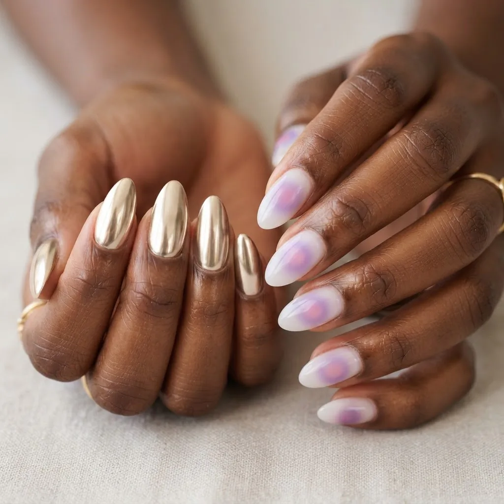 Close-up macro photo of almond nails on a deep warm skin tone hand showing two trending designs, a mirror chrome glazed finish on one hand and a soft blurry lilac aura gradient on the other, soft natural light.