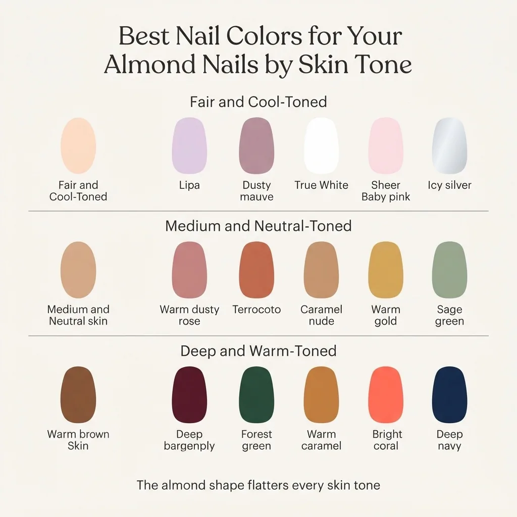 Flat vector infographic showing recommended nail polish colors for almond nails organized by fair cool, medium neutral, and deep warm skin tones, with labeled color swatches for each category.
