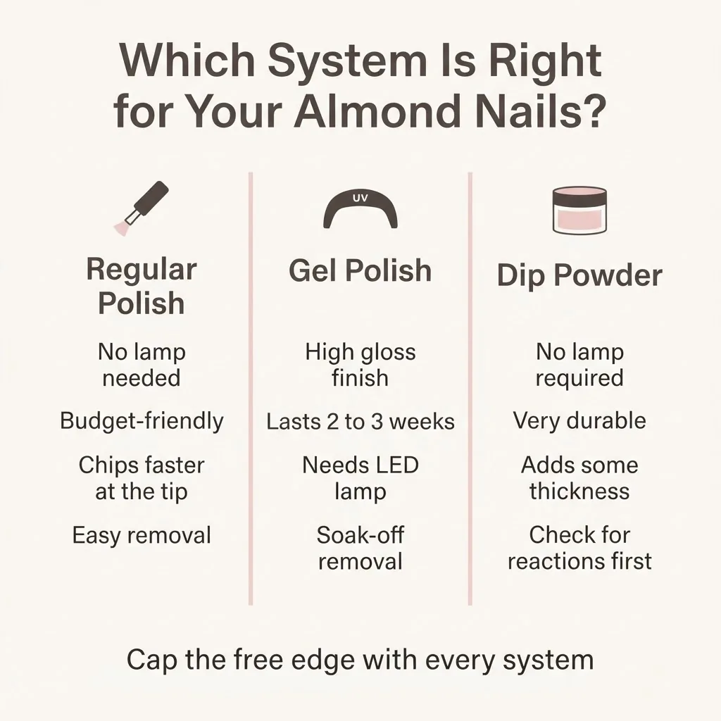 Flat vector comparison infographic showing gel polish, regular polish, and dip powder side by side with pros and cons listed for each system for almond nail wearers.