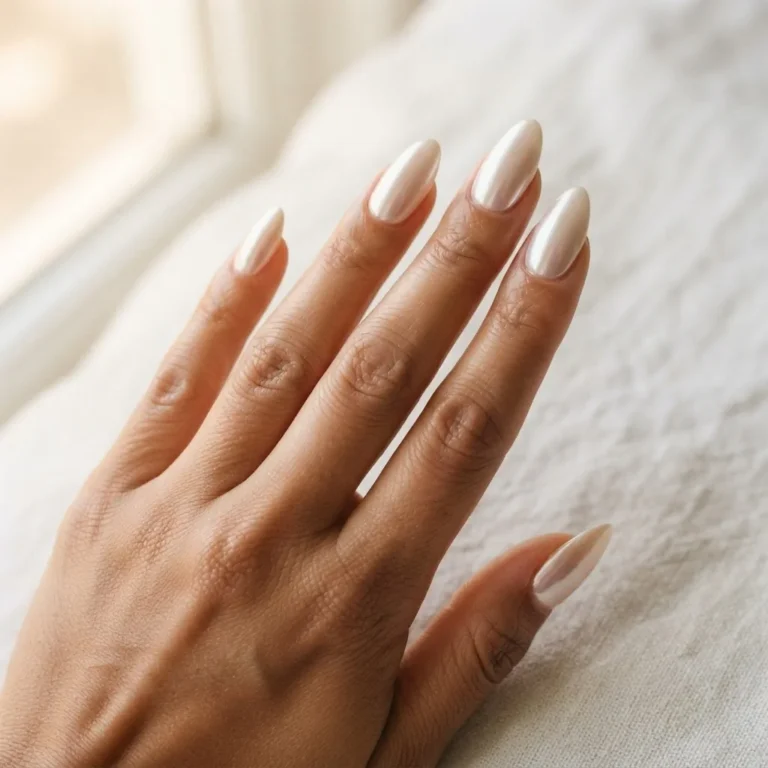 Close-up of glossy glazed chrome almond nails on a real hand with warm medium skin tone, soft natural window light highlighting the mirror-finish pearl shimmer on each tapered tip.