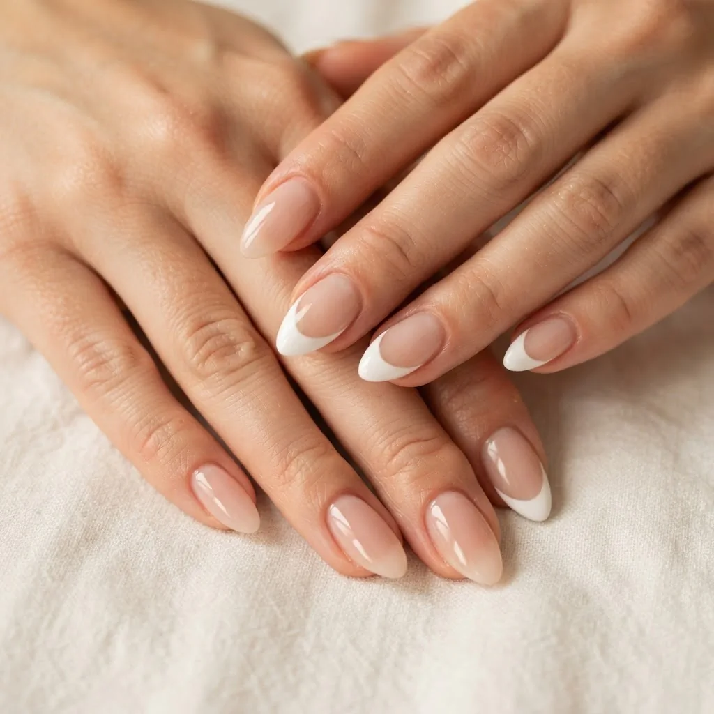 Macro beauty shot of two hands showing beginner-friendly almond nail designs, one hand with a sheer milky nude finish and the other with a bold modern thick white French tip, soft warm vanity lighting.