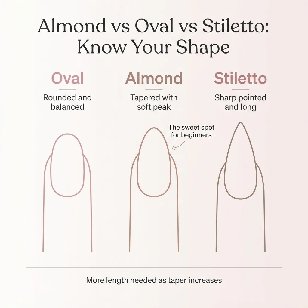 Flat vector infographic comparing almond, oval, and stiletto nail shapes side by side with labeled diagrams showing taper angle and tip roundness differences.