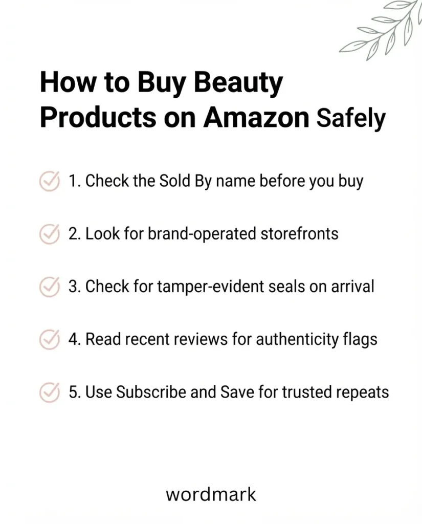 Flat vector infographic checklist titled How to Shop Beauty Products on Amazon Safely listing five key tips for verifying authentic beauty product listings.