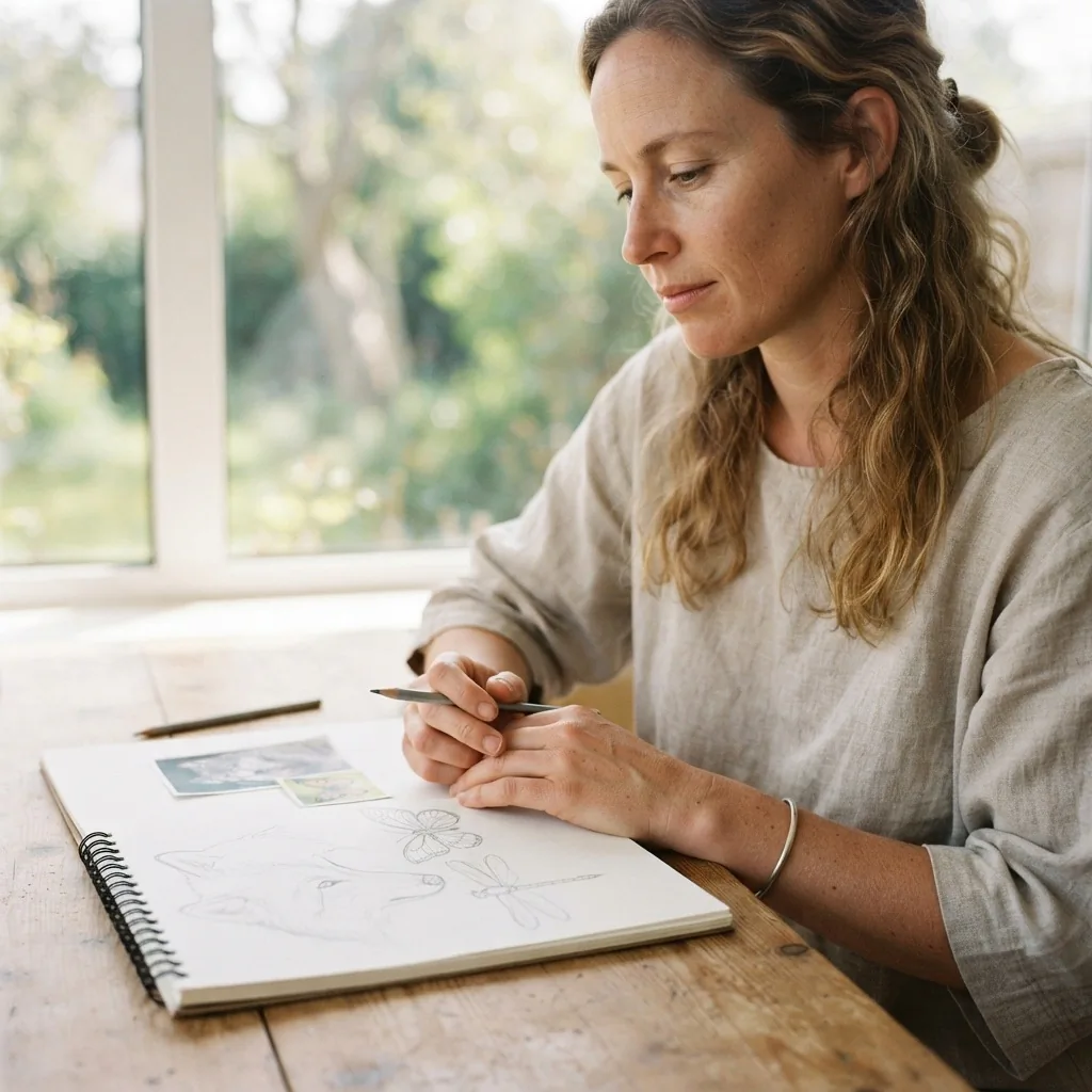 A woman in her late twenties sits at a sunlit desk with an open sketchbook filled with animal tattoo reference sketches, looking thoughtfully at her notes in warm natural light.