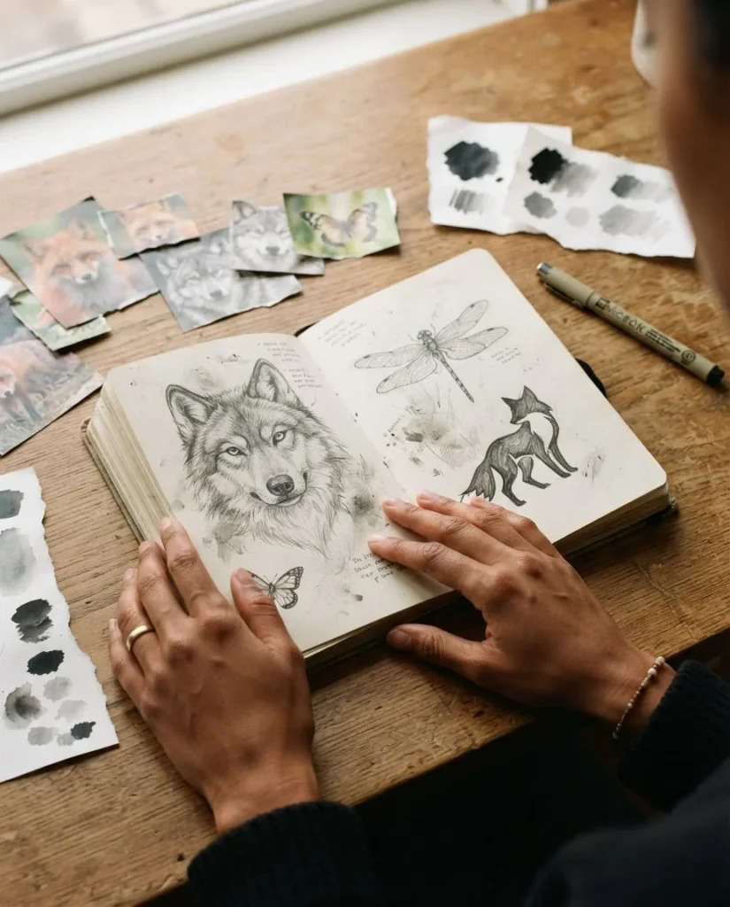 Close-up of a woman's hands holding open a sketchbook with animal tattoo sketches including a wolf, butterfly, and dragonfly surrounded by magazine clippings and ink swatches on a warm wood desk.
