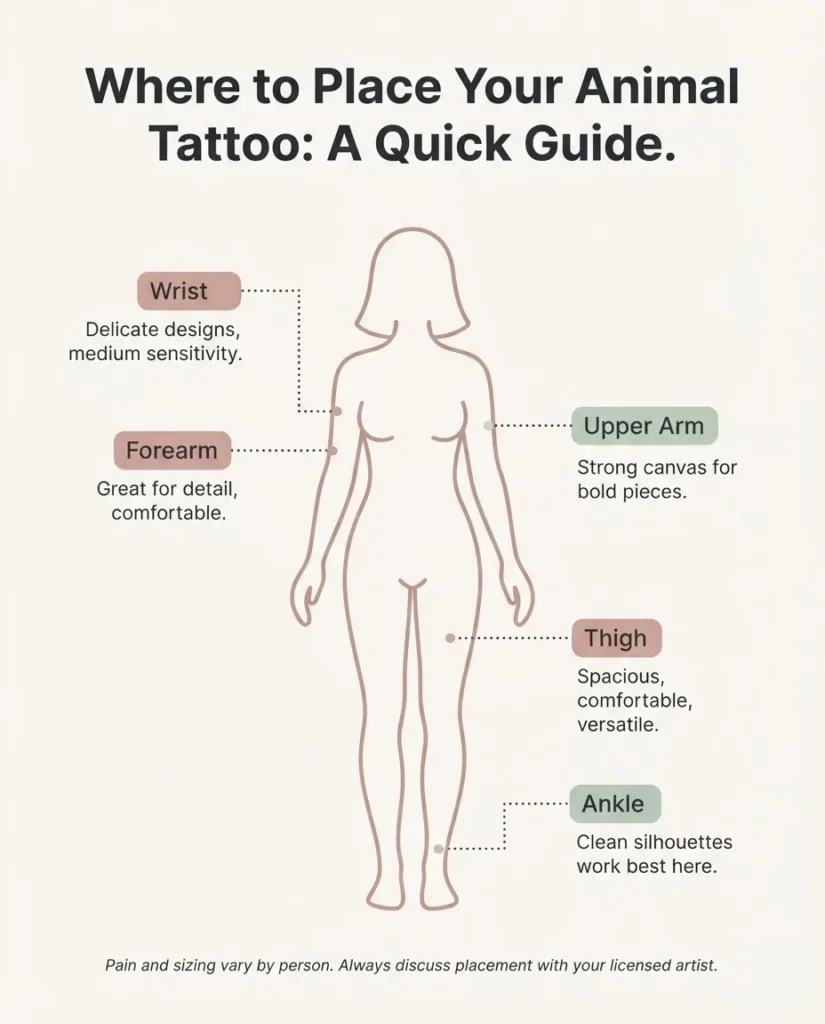 Flat minimalist body map infographic showing popular animal tattoo placement zones on a simple female silhouette with pain level and sizing notes labeled for wrist, forearm, ribcage, thigh, and ankle.