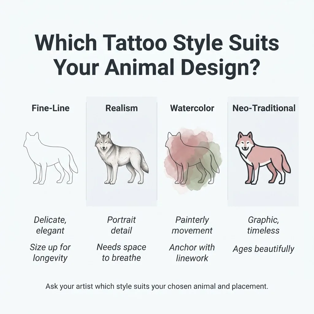 Flat minimalist infographic comparing four animal tattoo styles including fine-line, realism, watercolor, and neo-traditional with a wolf silhouette shown in each style and key aging and sizing notes.
