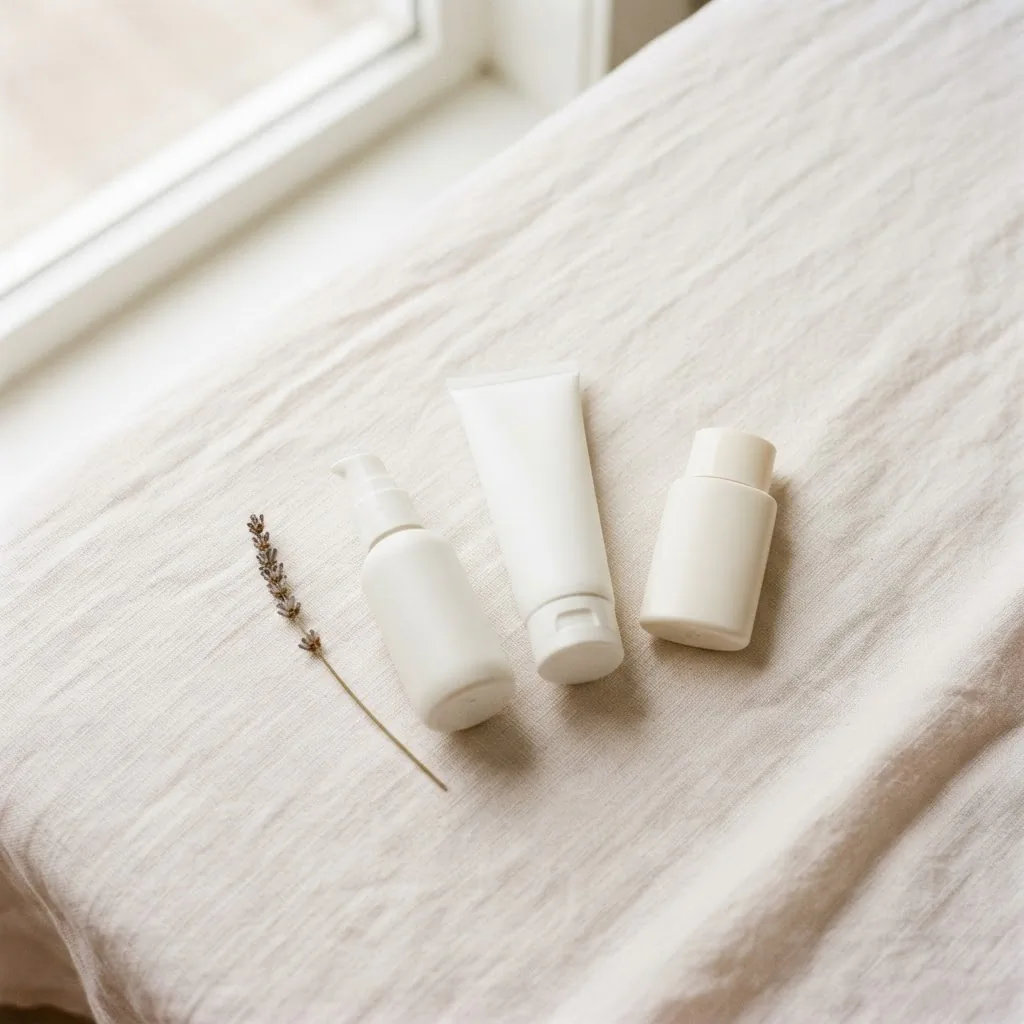 Soft overhead flatlay of tattoo aftercare essentials including a fragrance-free lotion tube, gentle cleanser, and SPF bottle arranged on a clean white linen surface with no visible brand labels.