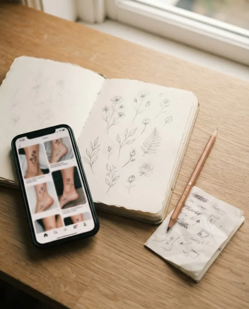 Warm overhead flatlay of a tattoo planning session showing an open sketchbook with floral reference sketches, a phone with inspiration images, and a pencil on a light wood surface.