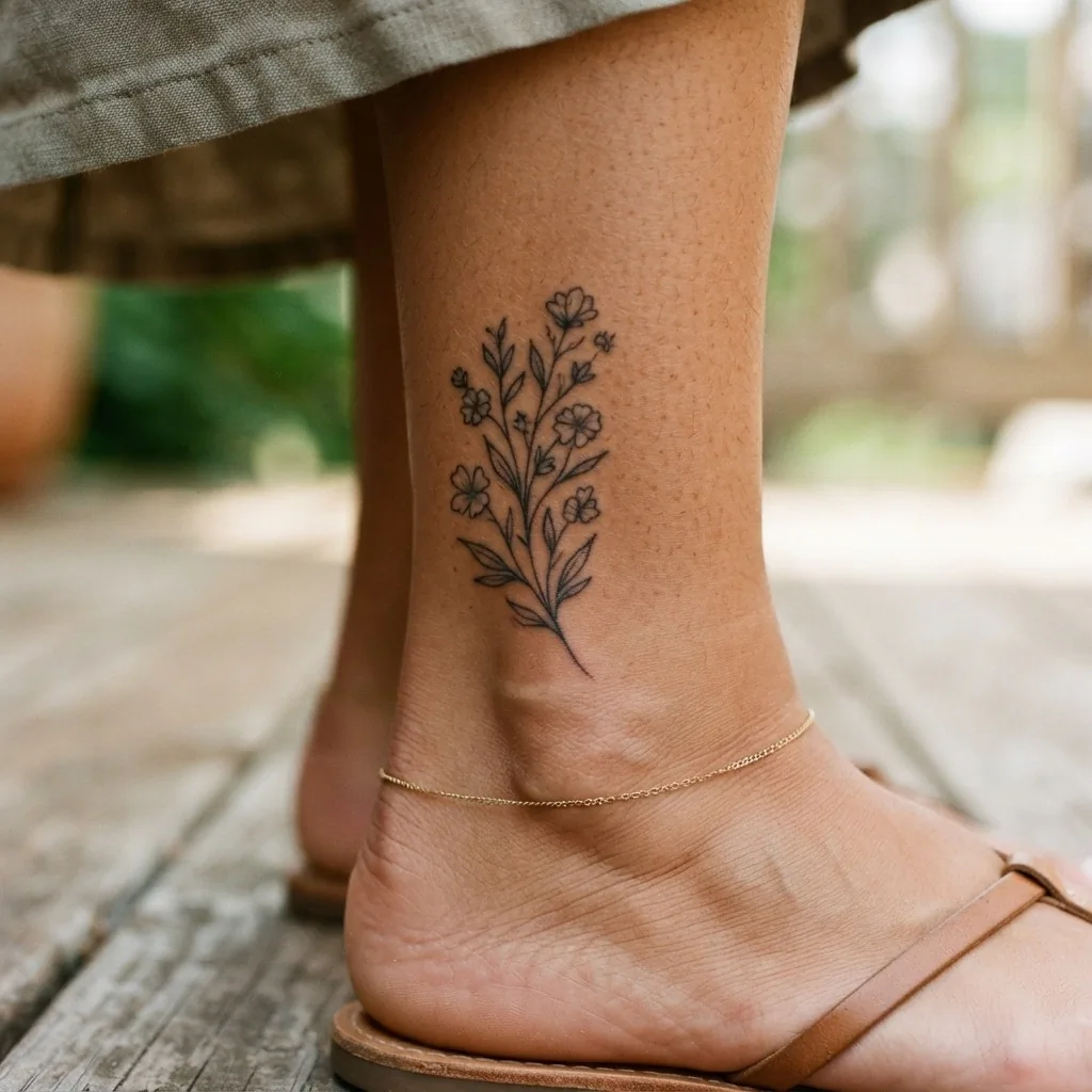 Close-up photograph of a several-years-old healed fine-line ankle tattoo showing softly aged delicate linework that still reads as beautiful and intentional on warm skin.