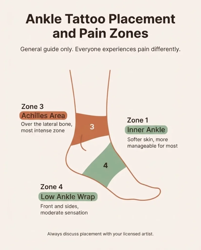 Flat vector infographic illustrating ankle tattoo placement zones and general pain levels including inner ankle, outer ankle, Achilles, and over the bone.