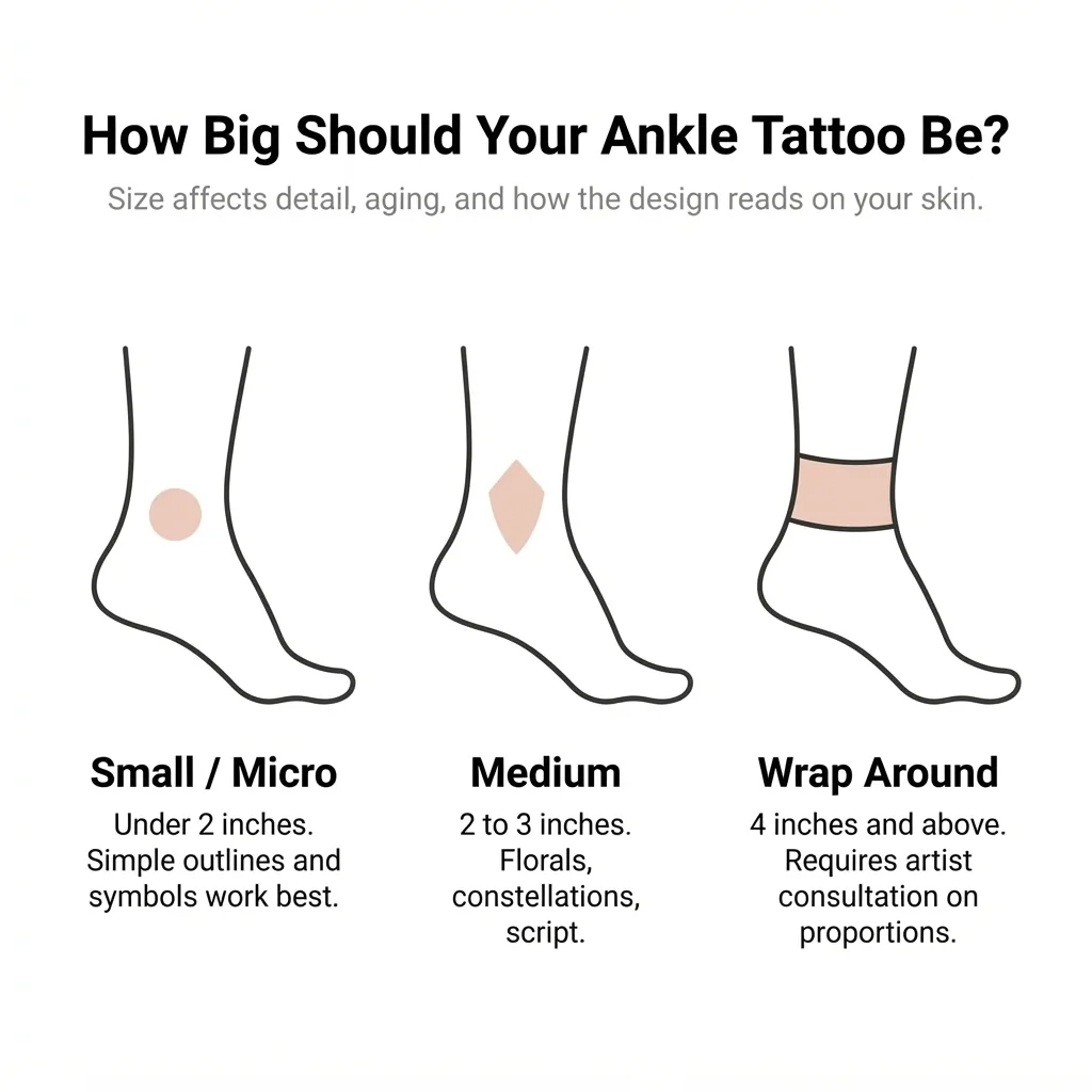 Flat vector infographic comparing small, medium, and wrap-around ankle tattoo sizes shown as scaled silhouettes on an ankle outline with label text.