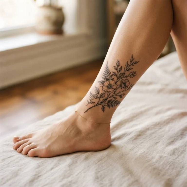 Close-up of a healed fine-line botanical ankle tattoo on a woman's ankle, featuring delicate floral stems and leaves on warm natural skin in soft window light.