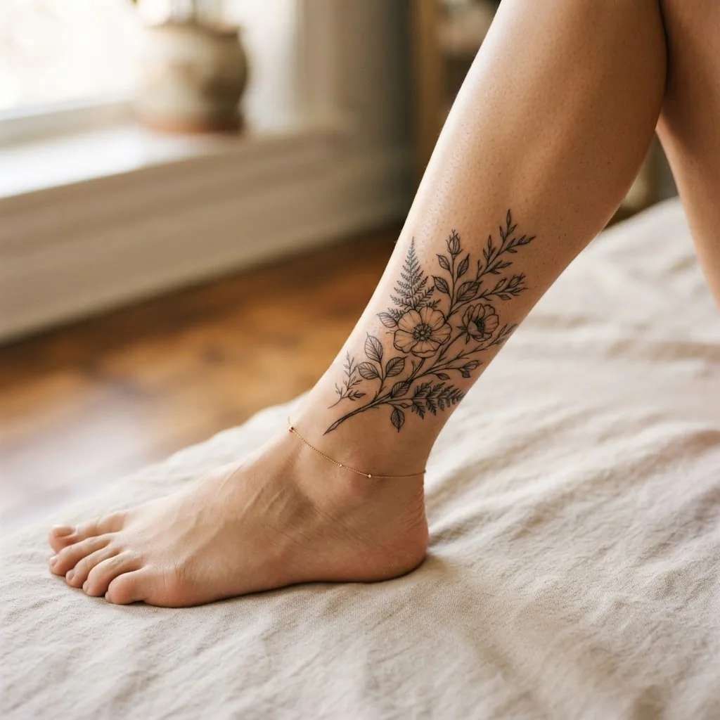 Close-up of a healed fine-line botanical ankle tattoo on a woman's ankle, featuring delicate floral stems and leaves on warm natural skin in soft window light.