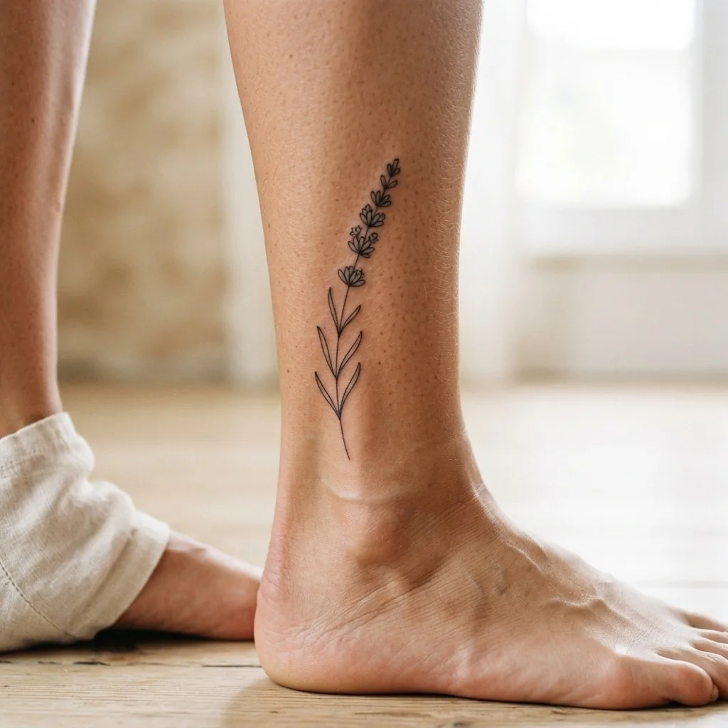 Close-up of a fine-line single-stem botanical ankle tattoo with thin elegant linework on a woman's ankle against a clean light background.