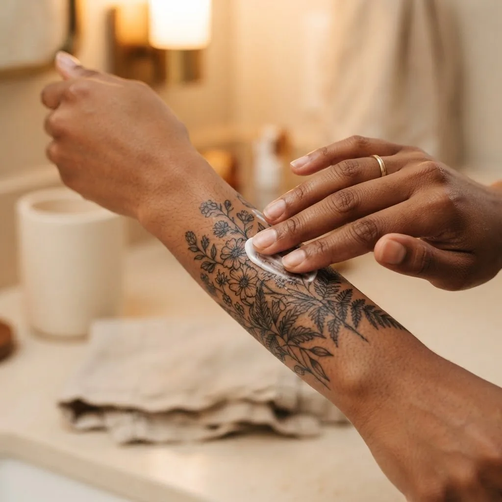 Close-up of a woman's hands gently applying fragrance-free lotion to a healed floral arm tattoo on her forearm, soft warm bathroom vanity light, calm and intentional mood.