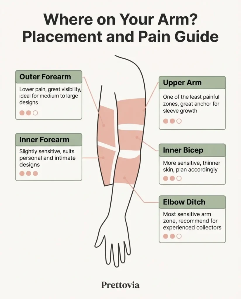 Flat vector infographic illustrating arm tattoo placement zones for women including outer forearm, inner forearm, upper arm, inner bicep, and elbow ditch with pain level labels.