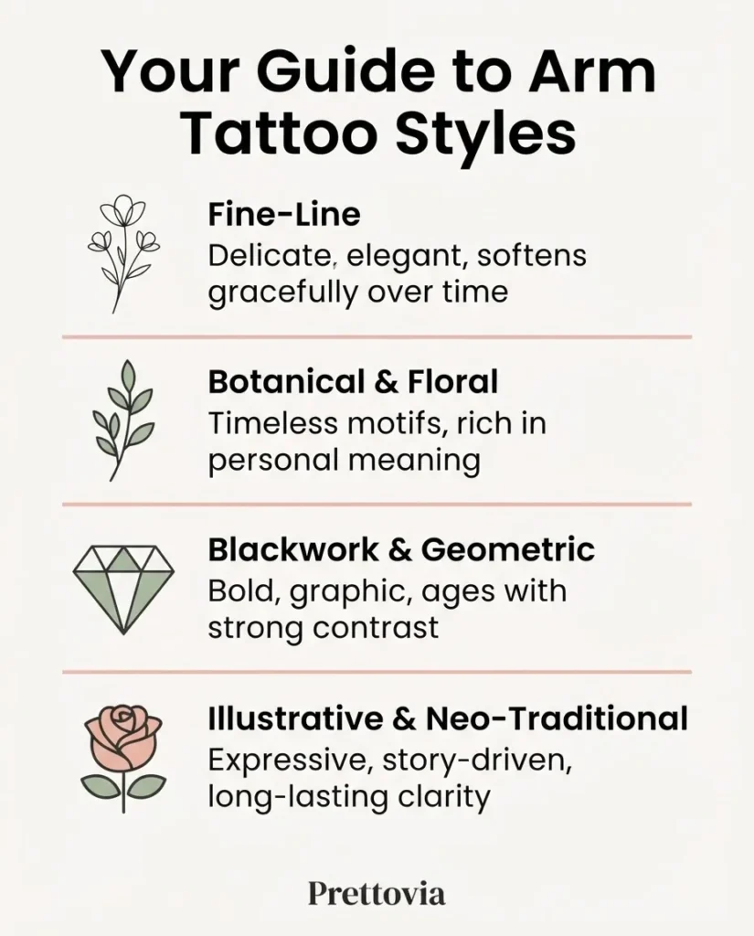 Flat minimalist infographic comparing four women's arm tattoo styles including fine-line, botanical, blackwork, and illustrative with short descriptors and aging notes.