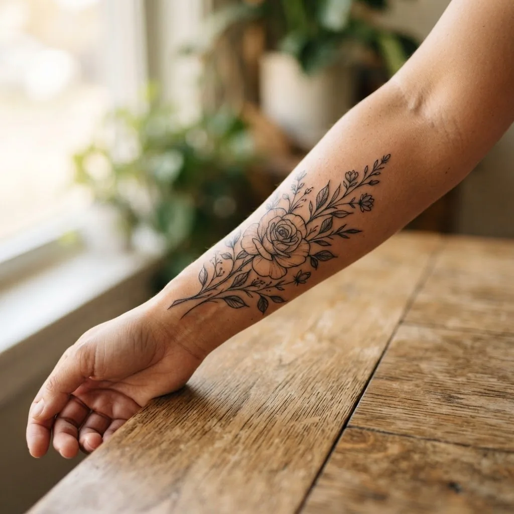 Close-up of a healed fine-line botanical forearm tattoo on a woman in her late twenties, showing delicate floral linework on warm medium skin tone in soft natural window light.