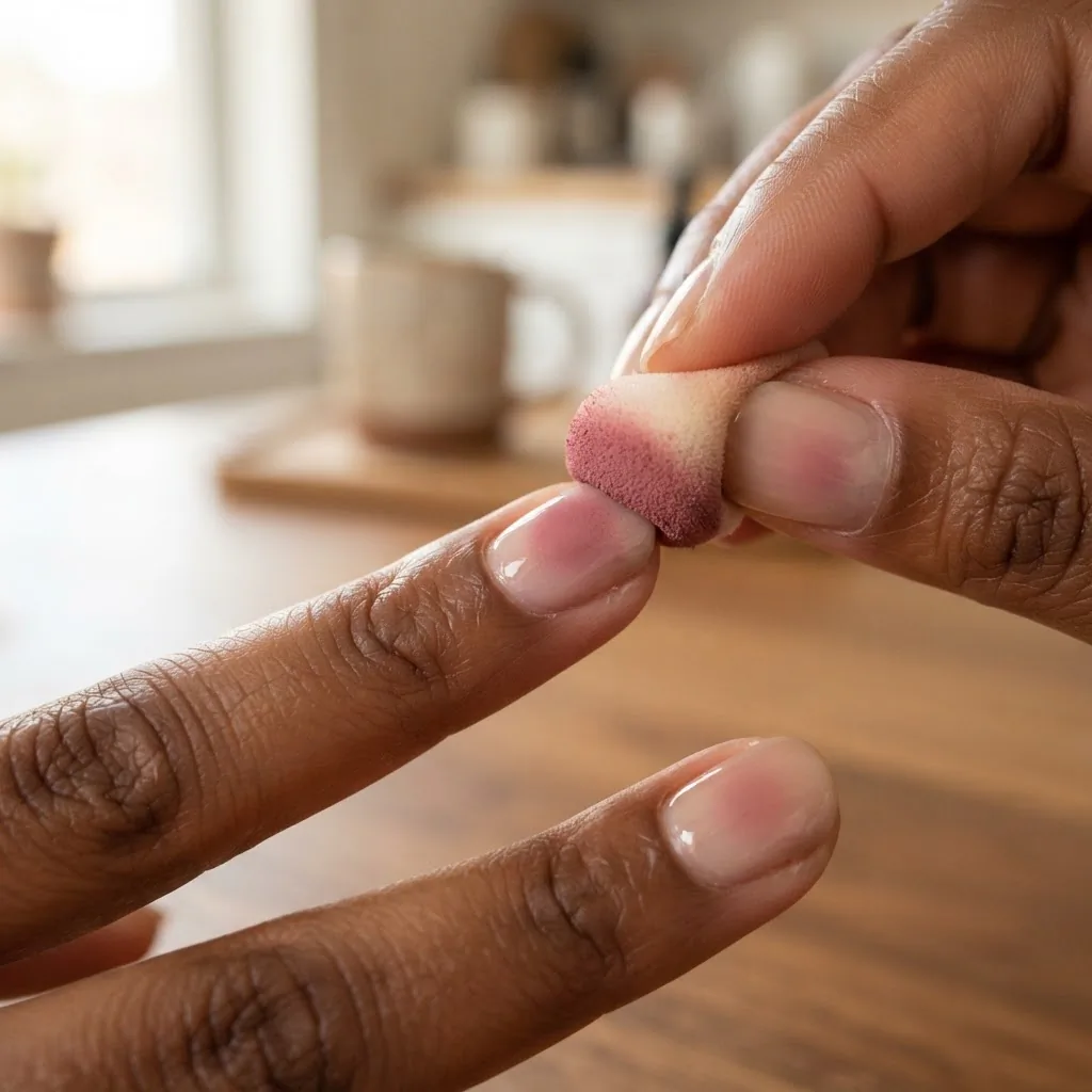 In-progress macro shot of an aura nail technique being applied with a makeup sponge dabbing soft rose color onto a sheer nude base nail on a deeper skin tone hand in warm home lighting.