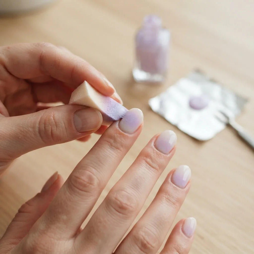 In-progress close-up of aura nails being created with a small makeup wedge sponge dabbing a soft pastel gradient onto a sheer white base, showing the blending technique on a natural hand.
