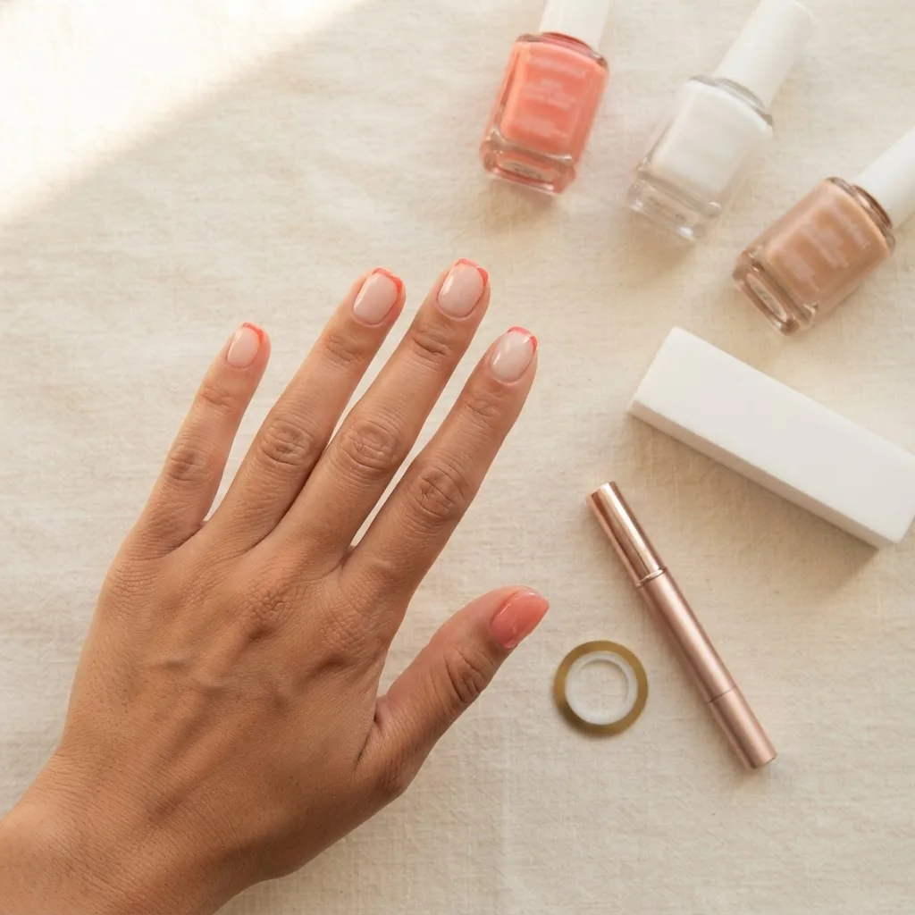 Overhead flatlay of beginner summer nail designs showing jelly nails and a modern French tip on a natural hand alongside sheer coral polish bottles, a nail buffer, and a cuticle oil pen on a warm white surface.