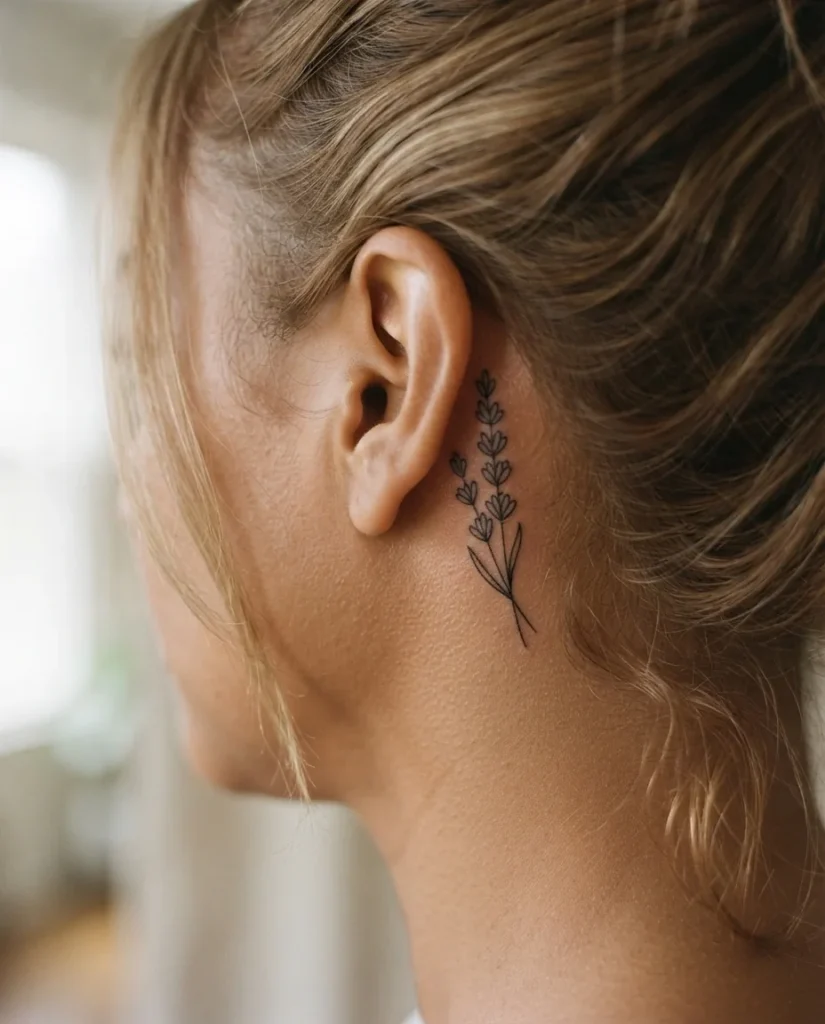 Extreme close-up of a healed fine-line lavender sprig tattoo behind the ear on medium-brown skin, soft window light, showing crisp delicate linework at small scale against a clean background.
