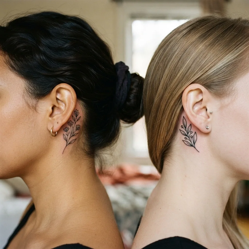 Side-by-side close-up of two healed small tattoos behind the ear, one ultra-fine line and one with slightly bolder linework, photographed in soft natural light on a woman with warm-toned skin and loose hair pulled back.