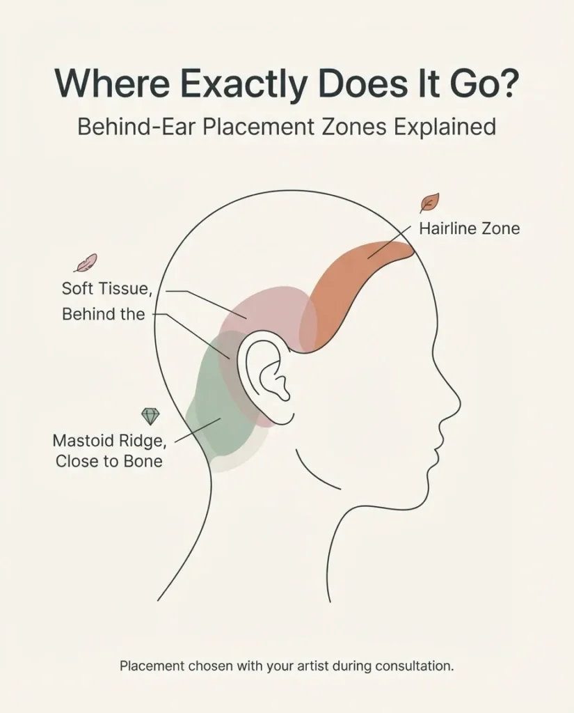 Flat minimalist infographic diagram showing the sub-placement zones behind the ear for tattoos, labeled with soft typography on a clean cream background.