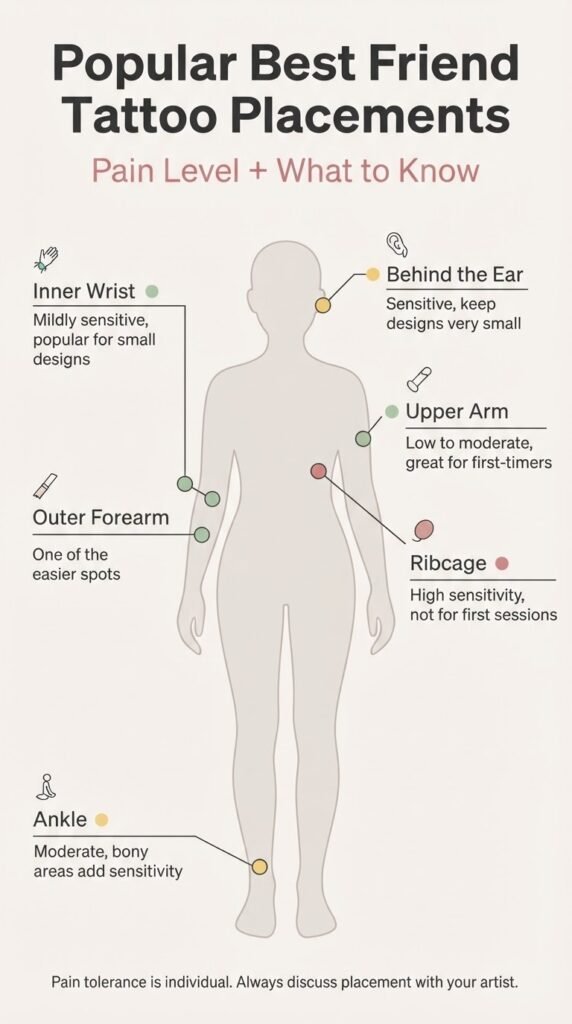 Flat minimalist infographic showing popular best friend tattoo placements on a simple body outline with pain level ratings and placement notes for each area.