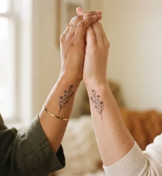Two women pressing their inner wrists together to reveal small matching fine-line botanical tattoos on soft warm-toned skin in natural light.
