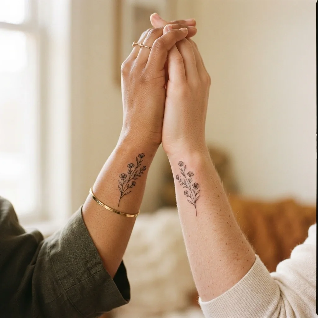 Two women pressing their inner wrists together to reveal small matching fine-line botanical tattoos on soft warm-toned skin in natural light.