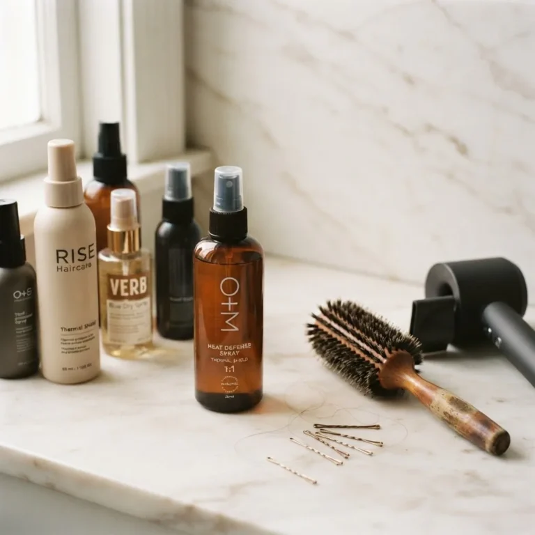 A flatlay of several heat protectant spray bottles arranged on a white marble surface alongside a round brush and a blow dryer, shot in soft natural light with a warm editorial feel.