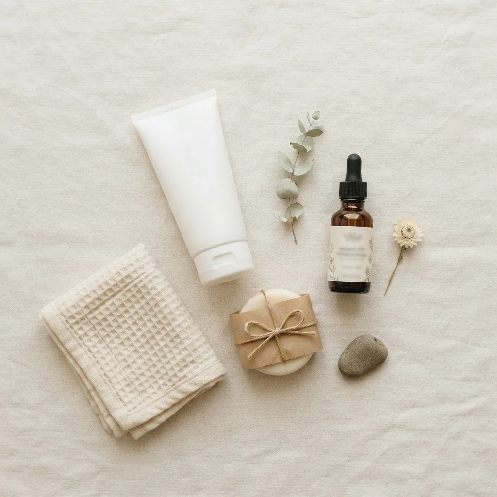 A clean flatlay of bird tattoo aftercare essentials including a fragrance-free lotion tube a gentle cleanser bar and a sunscreen bottle arranged on a soft white linen surface with a small botanical sprig.