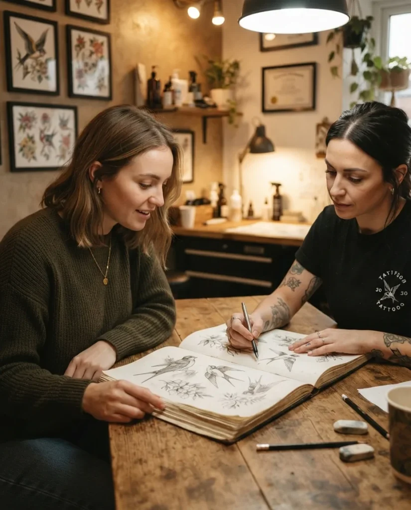 A woman in her late twenties sitting across from a tattoo artist at a studio desk reviewing a sketchbook of bird tattoo reference images during a consultation appointment.