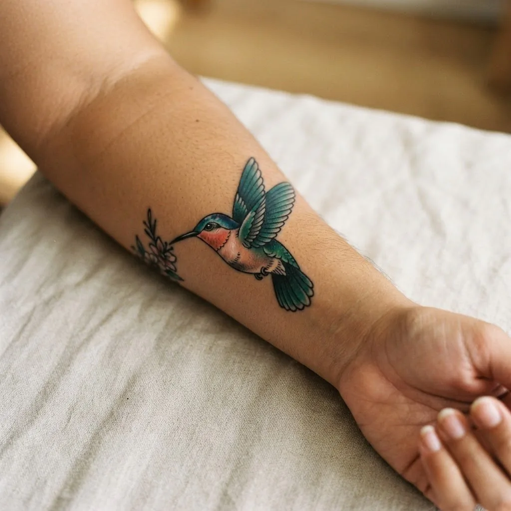 A close-up photograph of a fully healed colorful hummingbird tattoo on a woman's forearm showing vibrant pigment in teal and coral tones on warm medium-toned skin in natural light.