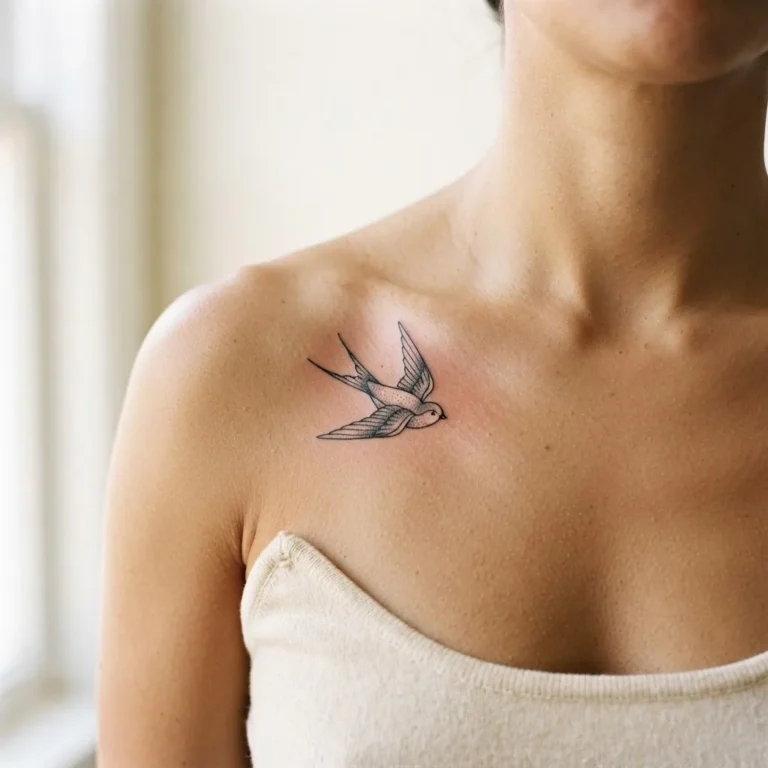 A healed fine-line swallow tattoo on a woman's collarbone photographed in soft natural light showing crisp delicate linework settled into skin.