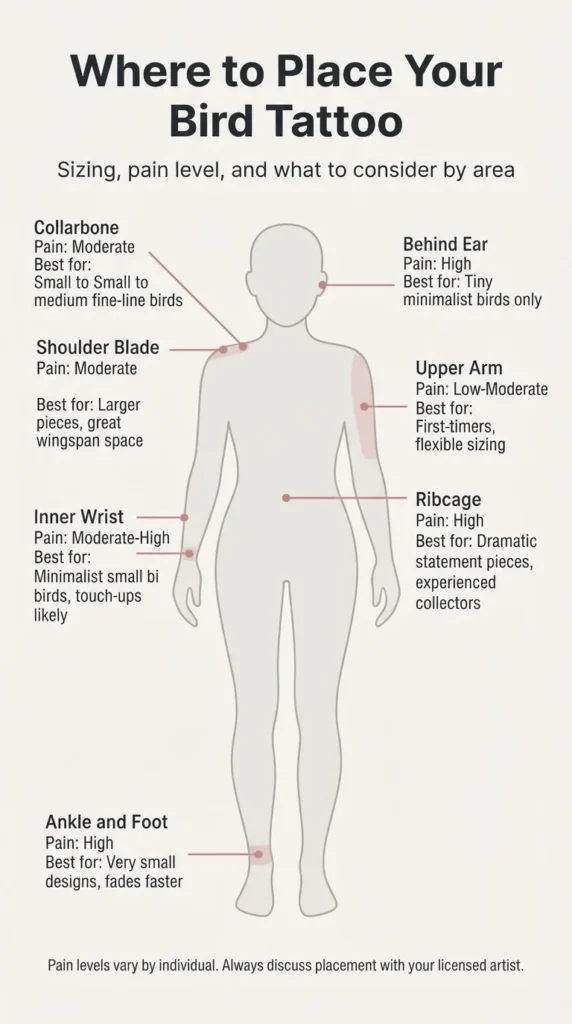 A minimalist body-placement diagram infographic titled Where to Place Your Bird Tattoo showing labeled placement zones on a simple outline figure with pain-level and sizing notes for each area.