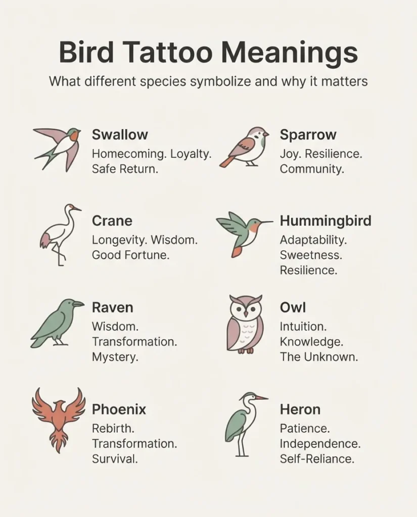 A flat minimalist infographic titled Bird Tattoo Meanings showing illustrated icons of eight bird species paired with their core symbolic meanings in a clean grid layout.