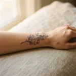 A close-up of a healed fine-line birth flower tattoo on a woman's forearm, showing delicate botanical linework in soft natural light.