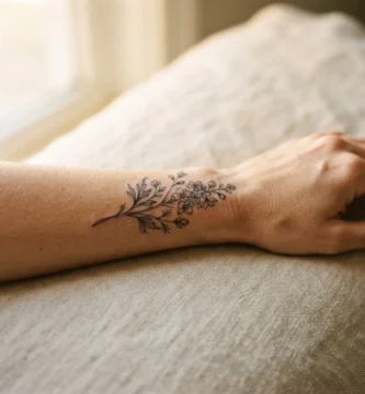 A close-up of a healed fine-line birth flower tattoo on a woman's forearm, showing delicate botanical linework in soft natural light.