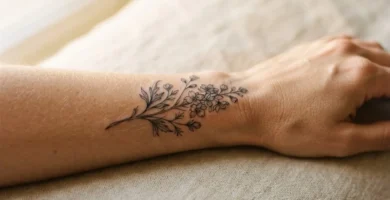 A close-up of a healed fine-line birth flower tattoo on a woman's forearm, showing delicate botanical linework in soft natural light.