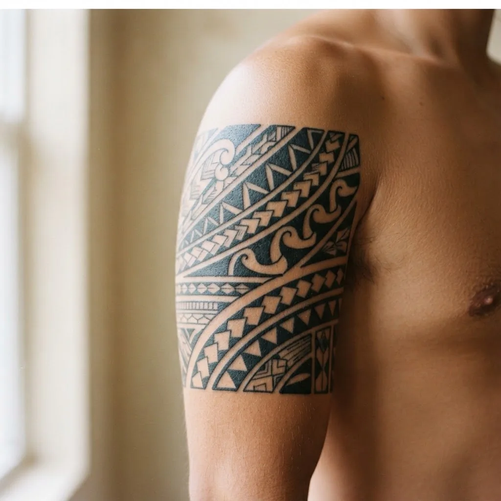 Close-up of a blackwork Polynesian geometric wave tattoo on a woman's upper arm, showing bold angular wave forms and repeating traditional patterns in solid black ink.