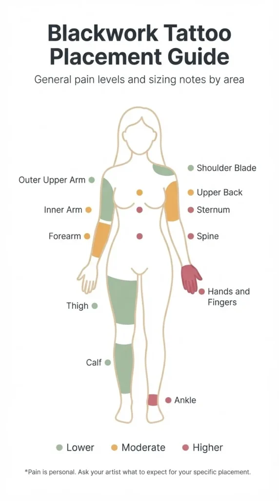 Flat minimalist infographic showing a body silhouette with color-coded tattoo pain level zones labeled for common moon tattoo placements including wrist, collarbone, spine, and ribcage.