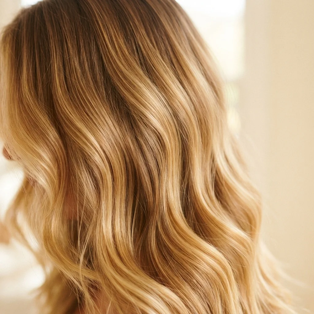 A close-up of long wavy honey blonde balayage hair with soft golden sun-kissed tones and natural dimension, shot in bright window light.