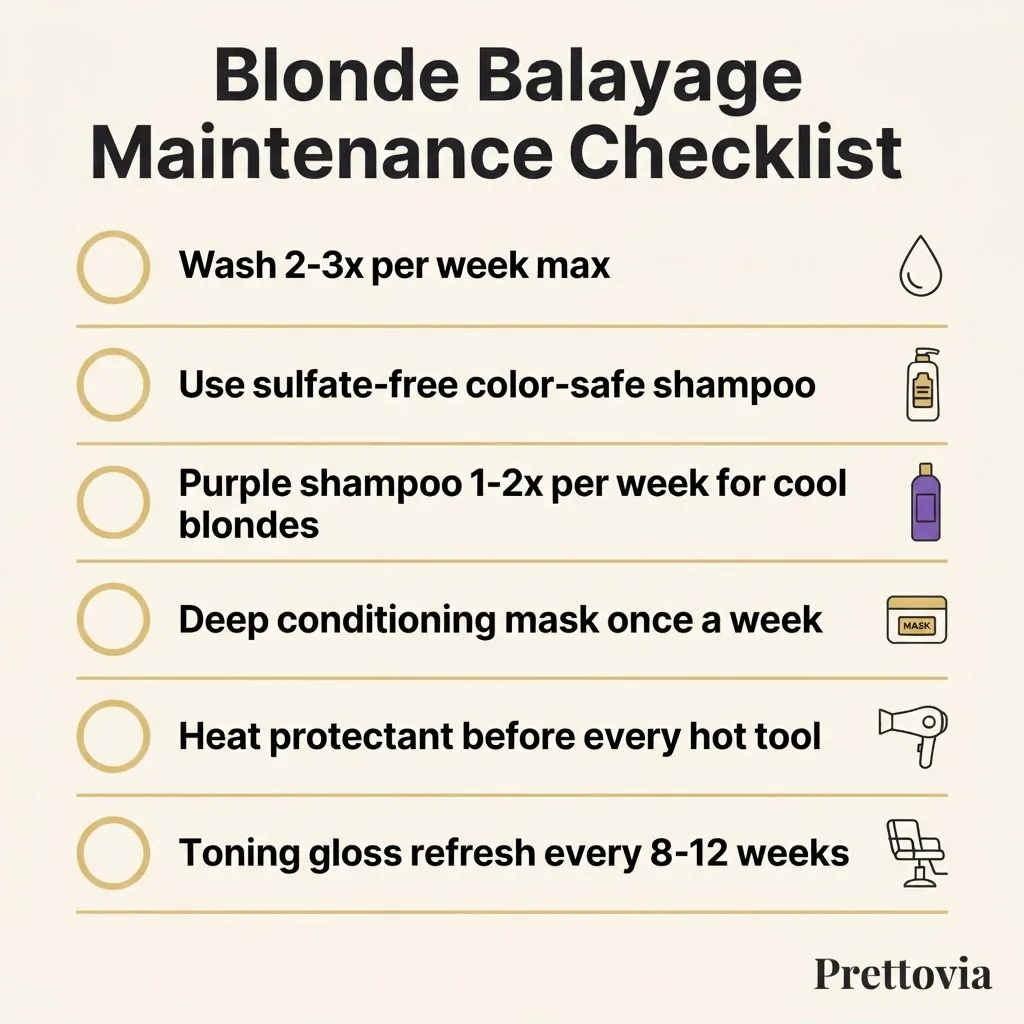 A flat vector infographic checklist showing a weekly blonde balayage maintenance routine including wash frequency, purple shampoo usage, heat protectant, and deep conditioning steps.