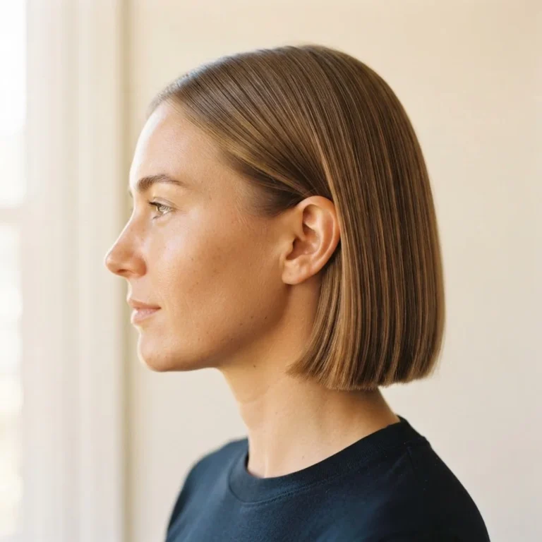 A close-up side view of a polished blunt chin-length bob on fine straight hair with a glossy smooth finish in soft natural window light.