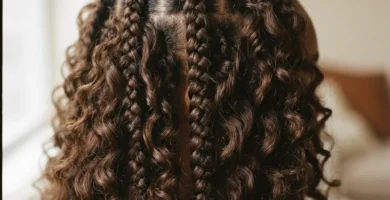 Close-up of a finished set of medium knotless boho braids on a Black woman with 4C natural hair, showing deep wave curly extension pieces woven throughout the length of each braid in soft natural window light.