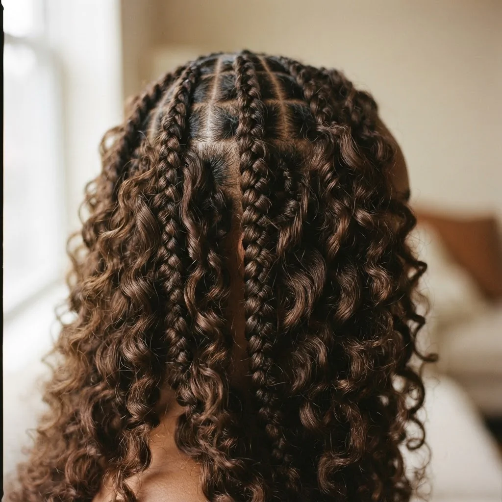 Close-up of a finished set of medium knotless boho braids on a Black woman with 4C natural hair, showing deep wave curly extension pieces woven throughout the length of each braid in soft natural window light.